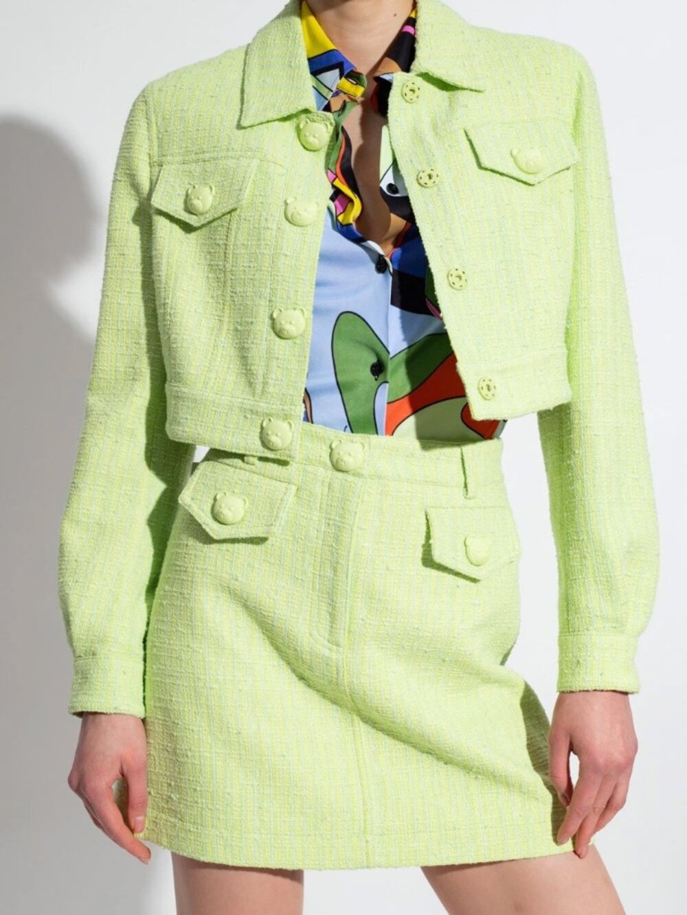 MOSCHINO COUTURE LIME GREEN TWEED SKIRT JACKET SUIT TEDDY BEAR BUTTONS USA 6 IT4